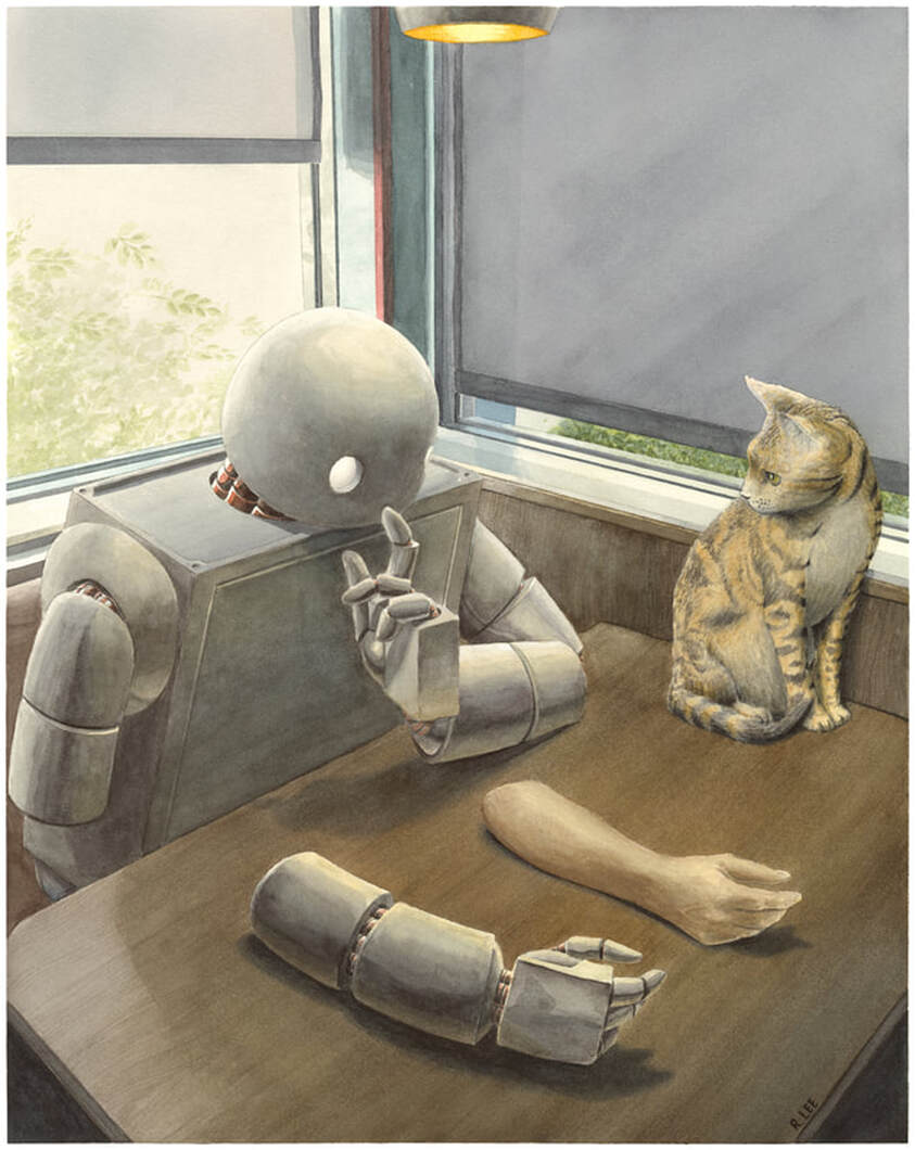 Robbie Lee watercolor of a robot and cat