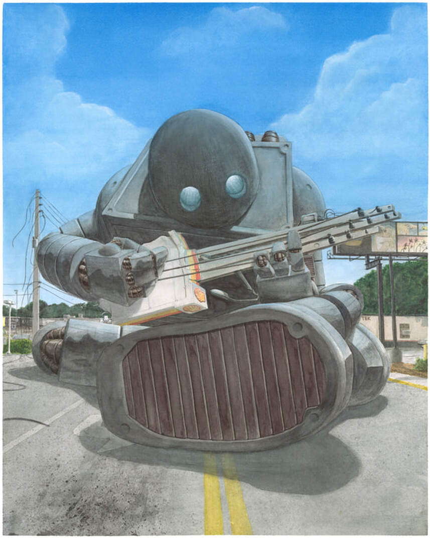 Robbie Lee watercolor painting of a giant robot playing a guitar on Corrine Drive in Orlando, Florida