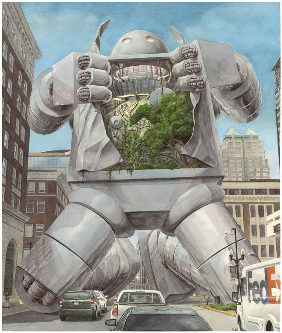Robbie Lee watercolor painting print of a giant robot on Orange Ave in downtown Orlando