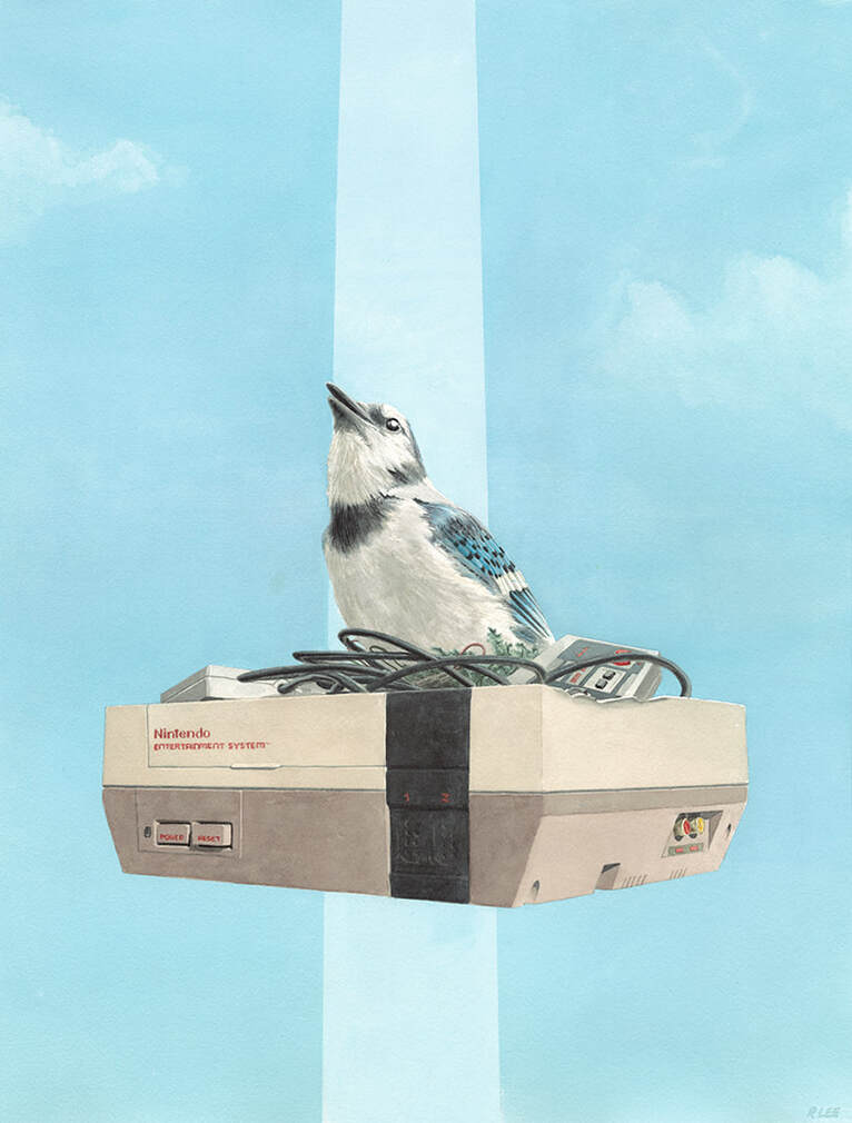Robbie Lee watercolor painting of a blue jay sitting on a classic NES Nintendo 