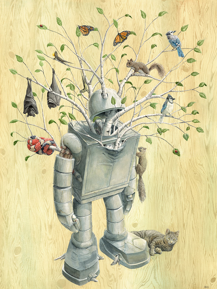 Robbie Lee watercolor painting of a robot with a cat and a tree and wood grain