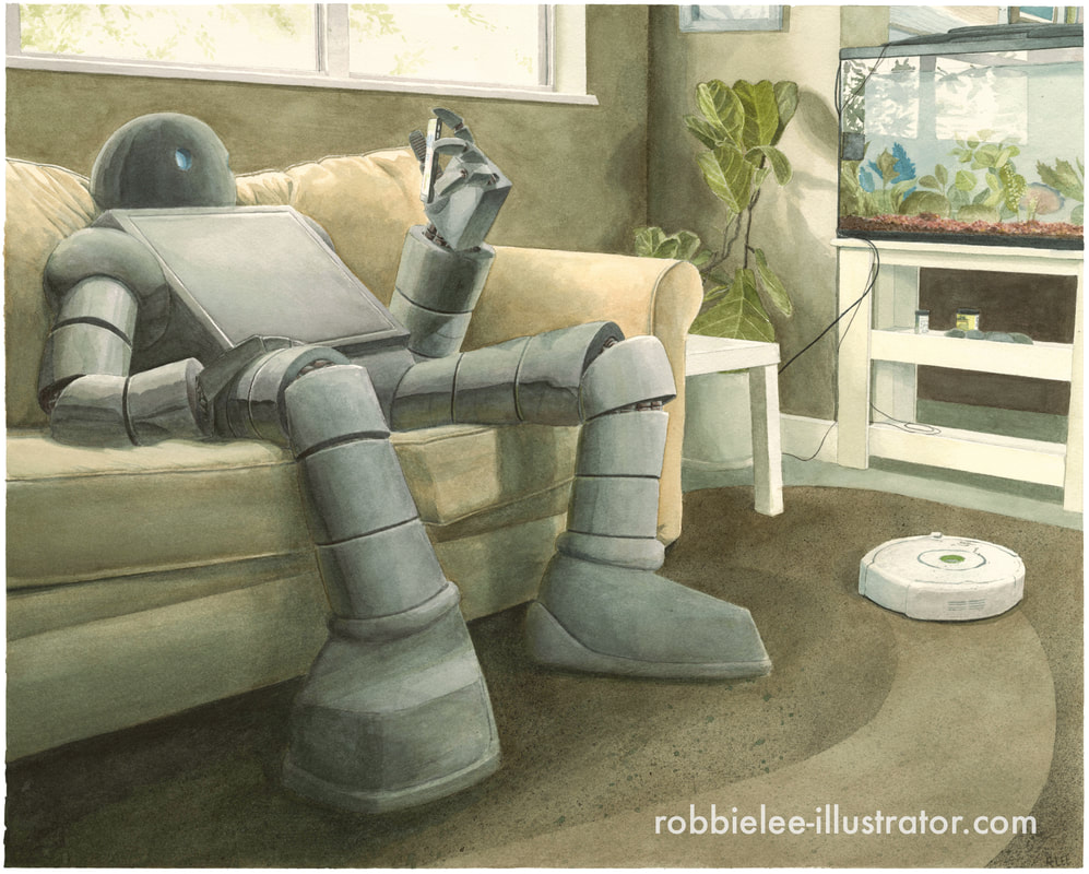 Robbie Lee watercolor painting of a lazy robot and a roomba with a phone and a fish tank 