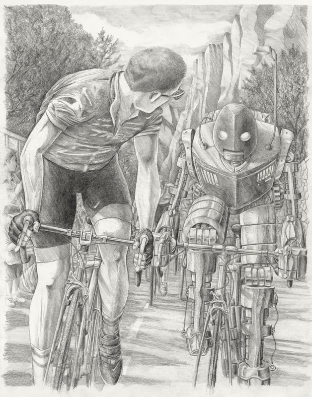 Robbie Lee pencil drawing of Lance Armstrong looking back at a robot The Look